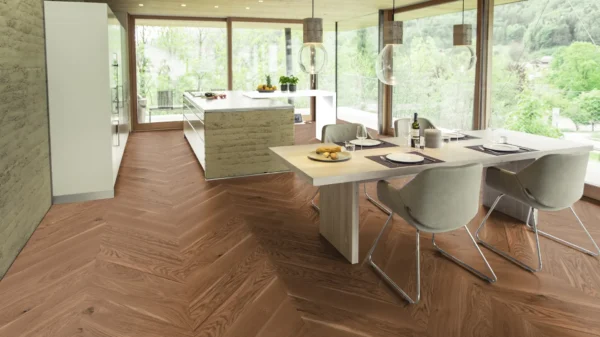 Weitzer Parkett Stab 750 Eiche Amber lebhaft bunt Französisch Fischgrät 45° ProActive+ (lackiert) – Bild 4